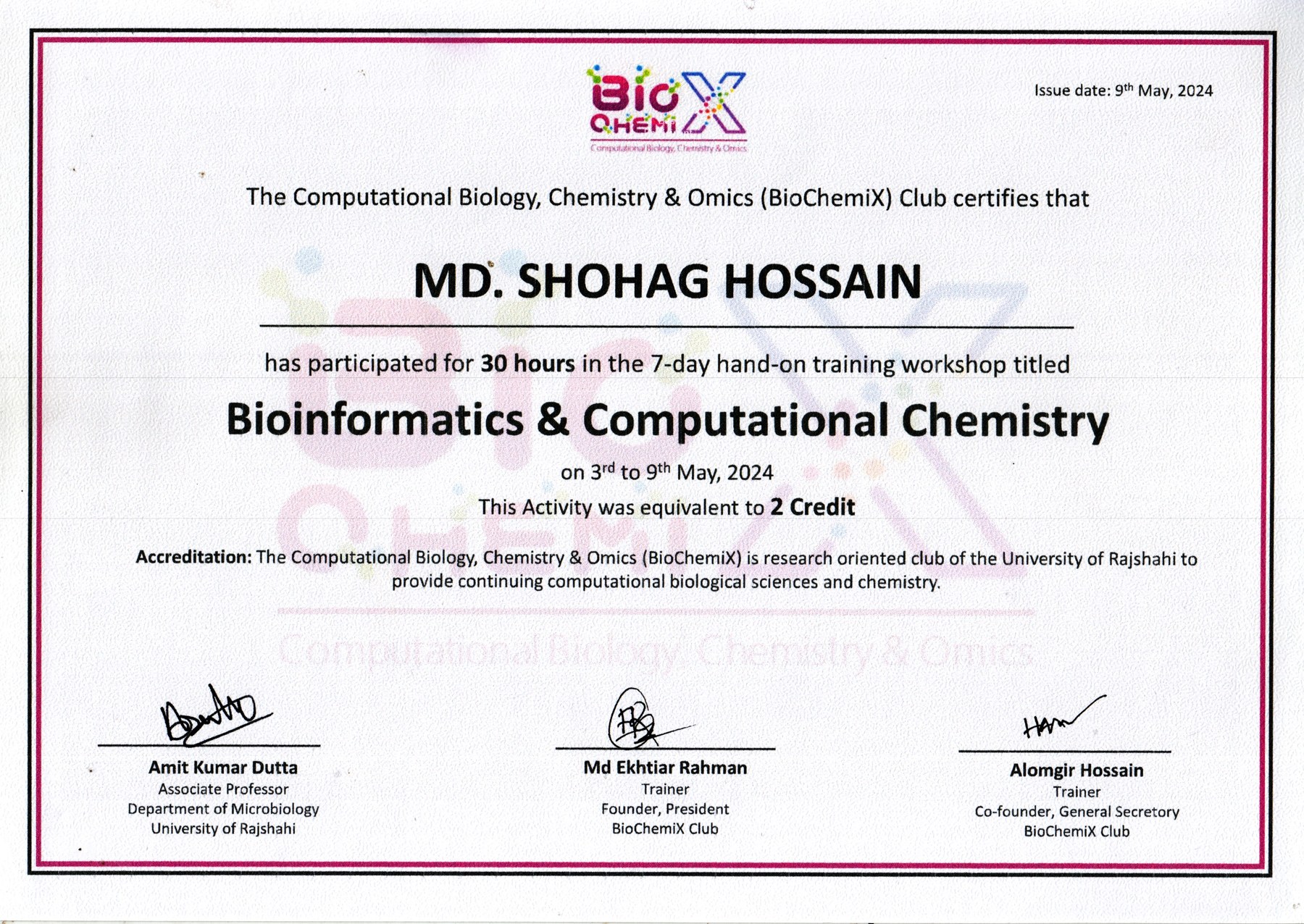 Bioinformatics and Computational Chemistry training certificate presented to Md. Shohag Hossain by the BioChemiX Club.